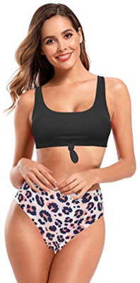 SHEKINI Bañador de Dos Piezas Mujer Chaleco Deportivo Sin Espalda Anudado Decoración Top de Bikini Traje de Baño de Dos Cintura Alta Impreso Bikini Bo