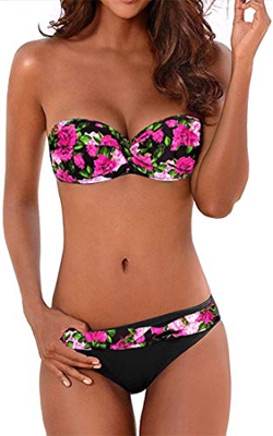 EUDOLAH Bikini Push Up Mujer Chica con Capestro Sets Traje de Baño Retorcido Linda para Piscina Playa z-Flores 2,L