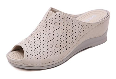 Zuecos Cuero para Mujer Sandalias de Cuña con Punta Abierta Zapatos de Plataforma Verano Beige 41 EU (Tamaño de la etiqueta 42)