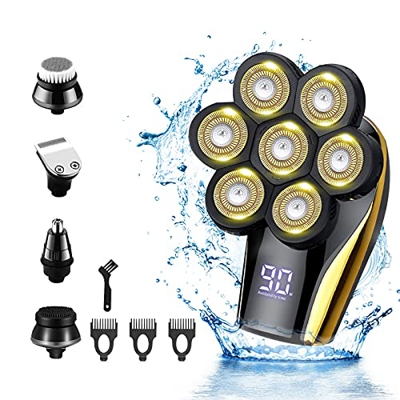 Afeitadora Electrica Hombre, 5 en 1 Afeitadora Cabeza Hombre con 7 Cabezales, Afeitadora en Húmedo/Seco, para Afeitar Barba/Cortar Pelo de Cabeza Nari