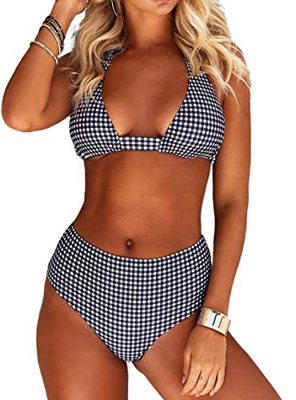 Bikini de Mujer Conjunto de 6 Piezas de Cuello Halter Traje de Baño de Estampado Floral de Cintura Alta para el Verano（E-Rejilla Negra,M