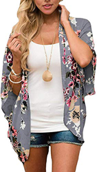 JFAN Mujer Chal Flojo Cárdigan Kimono Florales Caftán de Playa Blusa de Gasa Boho con Estampado Floral Ahumado Blusa Floral Suelta Casual(Oscuro Gris  precio