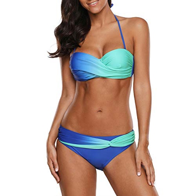 Jywmsc Bikini Mujer Ropa de Baño Push Up Acolchado Bra Tops y Braguitas Reversibles 2pcs Trajes de Baño Halter Cuello Bañador