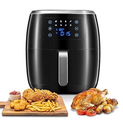 Airfryer, 6L XXL Freidora de Aire Caliente con Motor Silencioso y Potente de 1800 W, 8 Preajustes, sin Aceite, LED-Display, Receta 40+, Negro