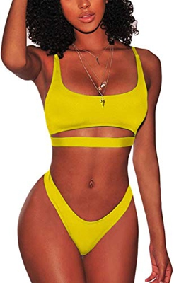 Bikinis Brasileños para Mujer Sexy Conjuntos de Bikini con Tiras Recortadas Tanga de Corte Alto con Escote Redondo Bajo