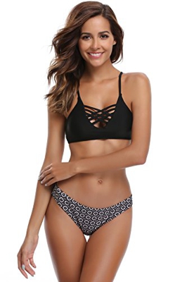SHEKINI Mujer Conjunto de Bikini de Dos Piezas Almohadillas Bañador Estampar Trajes de Baña (Estilo A: Negro, X-Large)