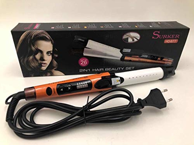 SURKER HD-877 Plancha de Pelo 45W Ondulador y Tenacilla Rizadora 2 en 1 EFECTO MAIZ Y FRITO Resistencias PTC con Placas de Ceramica Cable Giratorio pa