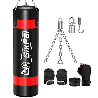 GIKPAL Saco de Boxeo, Kit Saco Boxeo Sin Relleno con Gancho Giratorio, Guantes y Correas para Adultos Kickboxing, MMA, BJJ, Muay Thai, Entrenamiento d