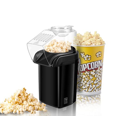 Palomitero, 1200W Rápida Máquina de Palomitas, Aire Caliente Sin Aceita, Tapa Removible, y Libre de BPA, Negro