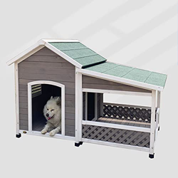Kit de casa para perros de madera maciza con terraza, nido de perrera resistente a la intemperie al aire libre con piso elevado, muebles para mascotas en oferta