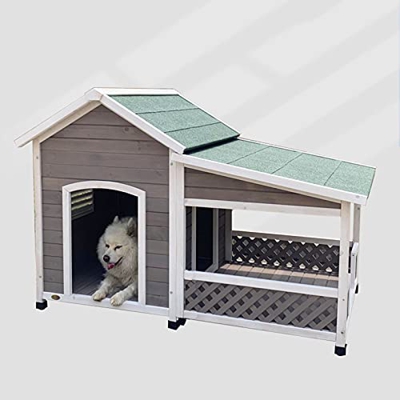 Kit de casa para perros de madera maciza con terraza, nido de perrera resistente a la intemperie al aire libre con piso elevado, muebles para mascotas