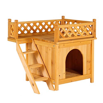 Perrera para Perros Gatos Madera maciza Nido para mascotas Desmontable y lavable Al aire libre Casa de perro a prueba de agua Gato de dos capas Escala