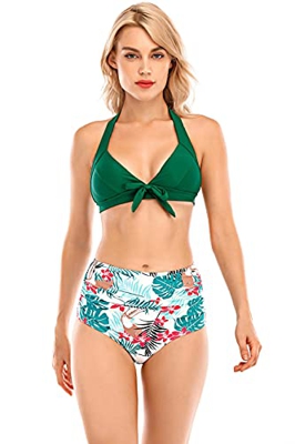 Voqeen Conjunto de Bikinis de Cintura Alta para Mujer Traje de baño Anudado con Lazo Empuje hacia Arriba Estampado Conjunto de Bikini Traje de baño co