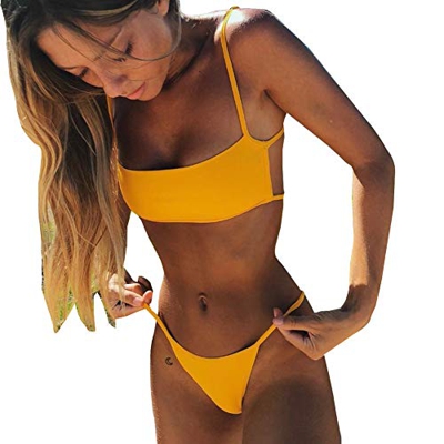 Bañadores Bikini con Tirantes Conjuntos 3 Piezas de Mujer Set Bikini sin Espalda Conjunto Bikini Brasileño Bikini Set Moderno (Amarillo, M)