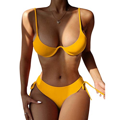 Juego de bikini de 2 piezas para mujer, con tirantes cruzados y tirantes, sin espalda, color liso y tanga amarillo S