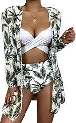 EUDOLAH Conjunto de Disfraz 3 Piezas Mujer Bikini Sujetador Cruzado Blanco Braguitas de Bikini con Cintura Alta Kimono de Playapatrón de árbol de Coco en oferta