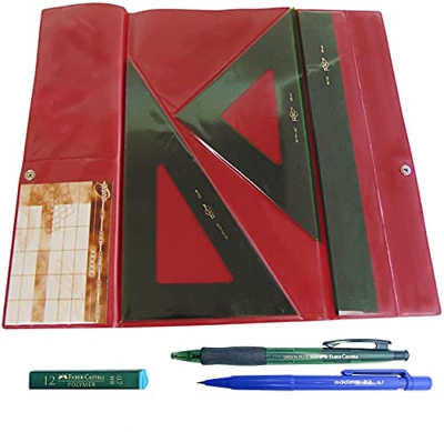 Faibo Pack Lote Estuche técnico Verde Juego Compuesto por Regla 30 cm GRADUADA, escuadra y cartabón de 25 cm SIN GRADUAR + Portaminas Edding P12 + 1 T