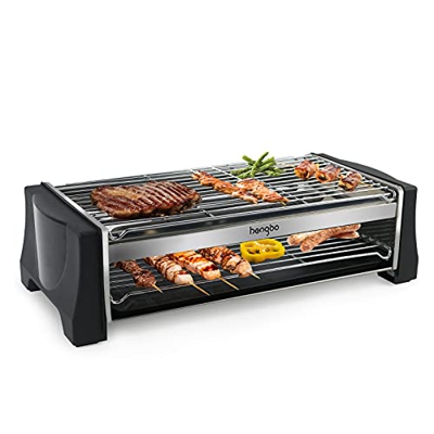 HengBo Barbacoa Eléctrica Sin Humo de Doble Capa con Bandeja de Goteo, Apto para Interiores y Exteriores, Temperatura Regulable, 2000W, Negro