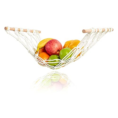 Gidenfly Hamaca de fruta colgante Hamaca de fruta de macramé con 4 ganchos para atornillar, hamaca de frutas para la cocina debajo del armario