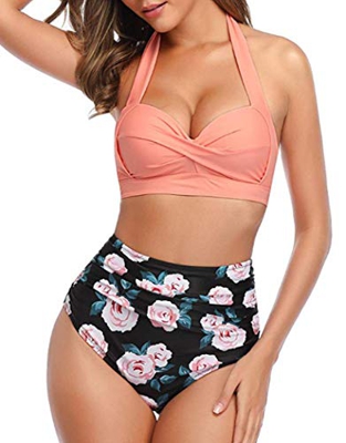 Tuopuda Mujer Retro Cintura Alta Conjunto de Bikini de Dos Piezas con Pliegues Halter Fruncido Push Up Arriba Trajes de baño Acolchados