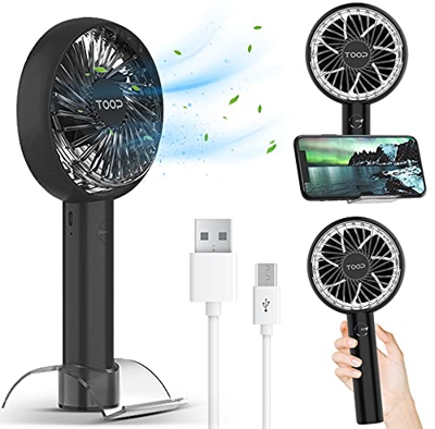 TOOP Mini ventilador de mano portátil con batería de 2000 mAh, adecuado para viajes de oficina en casa al aire libre, mango con marco de apoyo