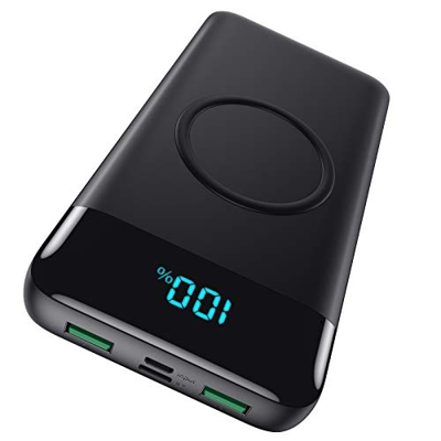 iPosible【Alta Capacidad Real 30800mAh】 Batería Externa Inalámbrico Power Bank Carga Rápida QC 4.0 Cargador Portátil inalambrico Pantalla LCD con 4 Sal