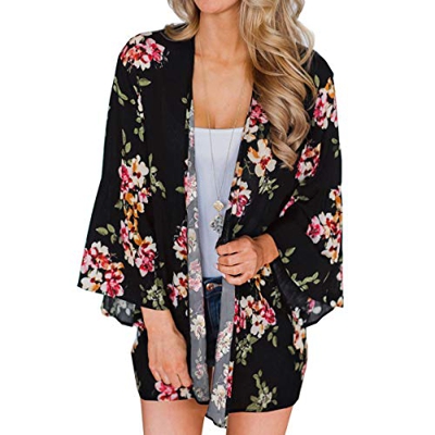 ECOMBOS Kimono largo para mujer con diseño floral, de gasa, para la playa, para verano, blusa, top, traje de playa, cubierta para bikini, ligera, esti