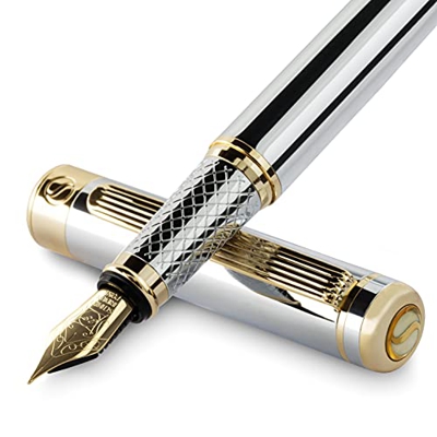 Scriveiner Pluma Estilográfica Plateada con Detalles de Oro de 24k y 18K para una Caligrafía Suave y Elegante, Plumilla (EF) y Convertidor Instalado S