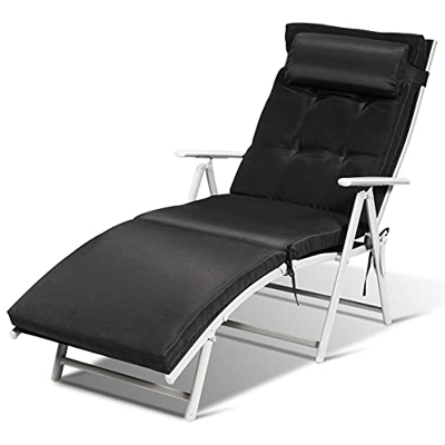 GIANTEX-Tumbona Plegable para Jardín o Playa con Cojines, Respaldo Ajustable en 7 Escalones, Tela Metálica y Textil, 137 x 63,5 x 101 cm, Negro