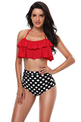 Voqeen Traje de Baño Conjunto de Bikini Mujer Cintura Alta Traje de Baño de Dos Piezas Volantes Estampado Ropa de Playa (Rojo + Lunares, L) características