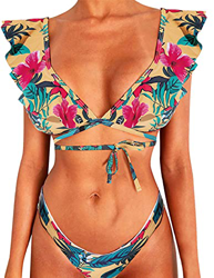 heekpek Bikini Brasileño Mujer Sexy Bikini Set Cuello en V Triangulo Bikini Volantes Floral Estampado Bikini Playa en oferta