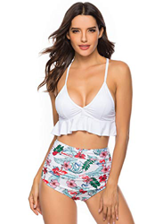 Voqeen Bikini Mujer de Cintura Alta con Volantes Halter de Dos Piezas Traje de baño Bikini Sets Ajustable Conjunto de Bikini Traje de baño con Honda precio