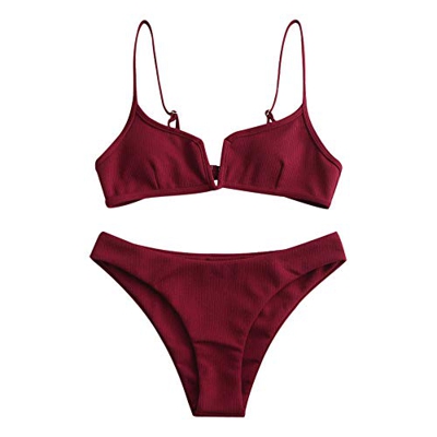 ZAFUL - Bikini para mujer con tirantes en V borgoña S