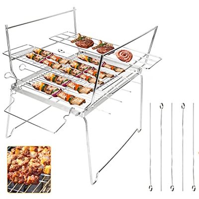 Achort Barbacoa Portátil de Acero Inoxidable Barbacoa Plegable Parrillada Asador al Aire Libre BBQ de Carbón para Cocinar Camping Senderismo Picnics