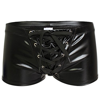 dPois Pantalones Cortos de Baño Hombre Bañador Atractivo Traje de Baño Boxeador Sexy Calzoncillos Cuero Cordón Ropa de Baño Natación Playa Negro L