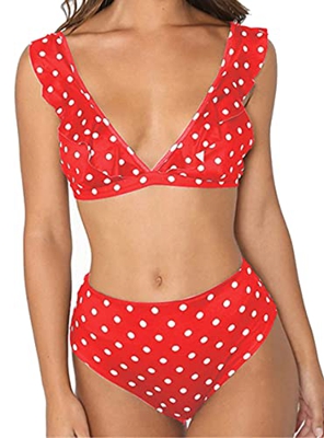 JFAN Mujer Traje de Baño Bikini Punto de Onda Ruffle Conjunto de Bikini de Playa Acolchado Bañador (Rojo, L)
