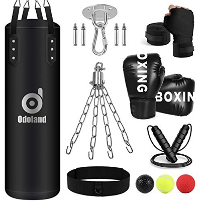 Odoland Saco de Boxeo, Punching Bag Sin Relleno 100cm con Guantes de Boxeo, Boxing Reflex Ball, Vendas Boxeo, Cuerda para Saltar y Cadena, Kit de Boxe