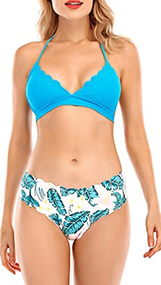 UMIPUBO Conjunto de Bikini Mujer Traje de Baño de Dos Piezas Borde Ondulado Dividido con Cuello Halter Ropa de Playa Ropa de Baño Tops y Braguitas (Az