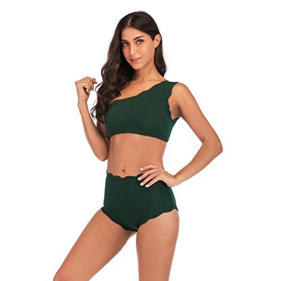 TSWRK Guisado Al Gratén Corte Alto Vendimia Uno Hombro Dos Piezas Trajes de Baño Conjunto de Bikini (Verde, M)