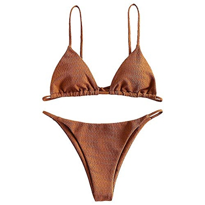 ZAFUL Bikini con textura para mujer, traje de baño triangular, conjunto de dos piezas, marrón, M