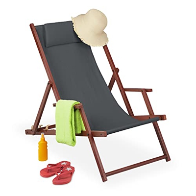 Relaxdays Tumbona Plegable de Madera y Tela, 3 Posiciones, con reposabrazos y Almohada, 120 kg, Silla de Playa, Color Antracita, 96 x 59 x 101 cm