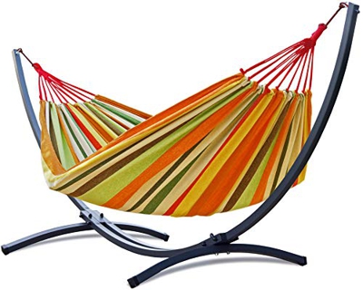 Potenza Galvanizado Hamaca con Soporte De Jardin Exterior para 2 Personas Doble Multicolor Hamaca De Tela XXL 220x160 200kg Marco De Acero Soporte Ham