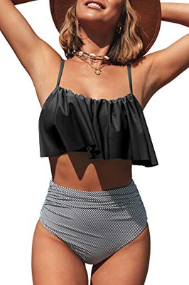 CUPSHE Conjunto de Bikini Mujer Volante Falbala Cintura Alta Traje de Baño de Dos Piezas, L