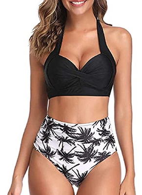 Mujer Conjuntos de Bikini Cintura Alta Conjunto de Bikini de Dos Piezas con Pliegues Halter Push Up Arriba Trajes de baño Retro Ropa de Playa