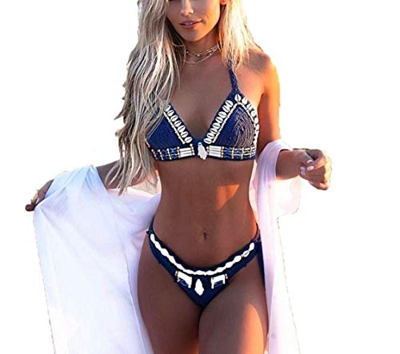 Traje de baño sexy de ganchillo para mujer con una parte superior de bikini y concha de punto - azul - 40 ES