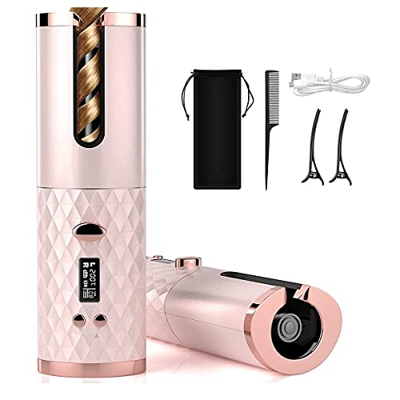 LUHUANONG Rizador de Pelo automático inalámbrico, Plancha rizadora Recargable USB, Pantalla LCD, Plancha rizadora giratoria de cerámica para Mujeres (