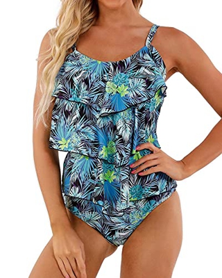 heekpek Bañador Tankini Top Chaleco con Volantes Braga Estampado de Flores Conjunto de Bikini Mujer