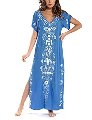 JENJON Mujeres Vestido de Playa Kaftan Floral Bordado Bohemia Tamaño Largo Cover Ups para Bikini A-Azul-2 Talla única