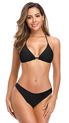 SHEKINI Traje de Baño Dos Piezas Triángulo para Mujer Ajustable Conjunto de Bikini Acolchado(S,Negro)