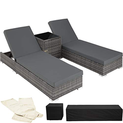 TecTake 800153 2X Tumbona Chaise Longue de Aluminio Poli Ratán + Mesa de Jardín + 2 Set de Fundas Intercambiables + Funda Completa (Gris | No. 403088) en oferta